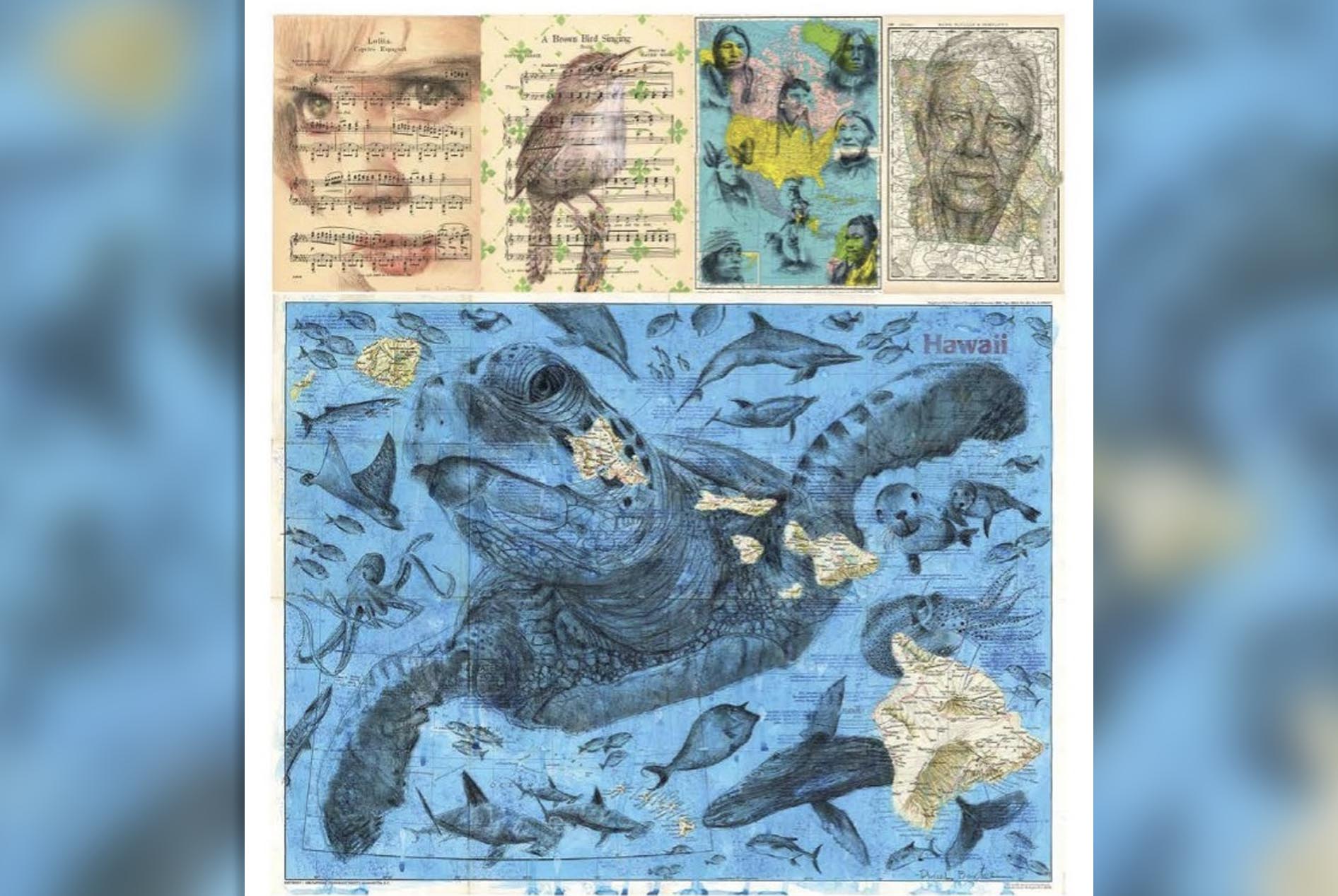 Mixed-media collage featuring portraits, birds, and sea life drawn over vintage maps and sheet music.