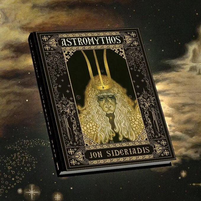 Astromythos by Jon Sideriadis displayed against a celestial, star-filled background.