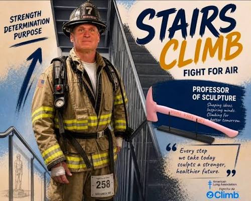 Firefighter in full gear standing beside stairs with “Stairs Climb: Fight for Air