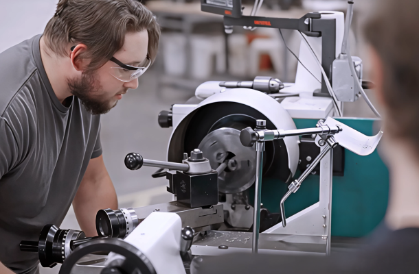 A student is reviewing a piece of machinery.