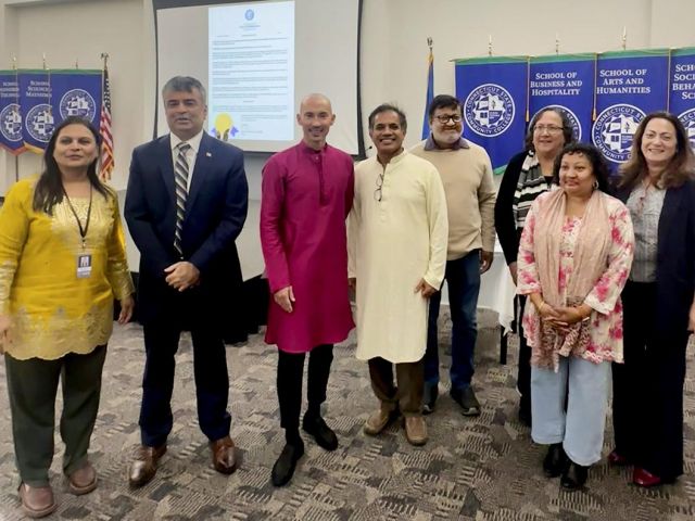 Students and faculty celebrate Diwali with colorful lights and traditional attire at CT State Community College, 2025