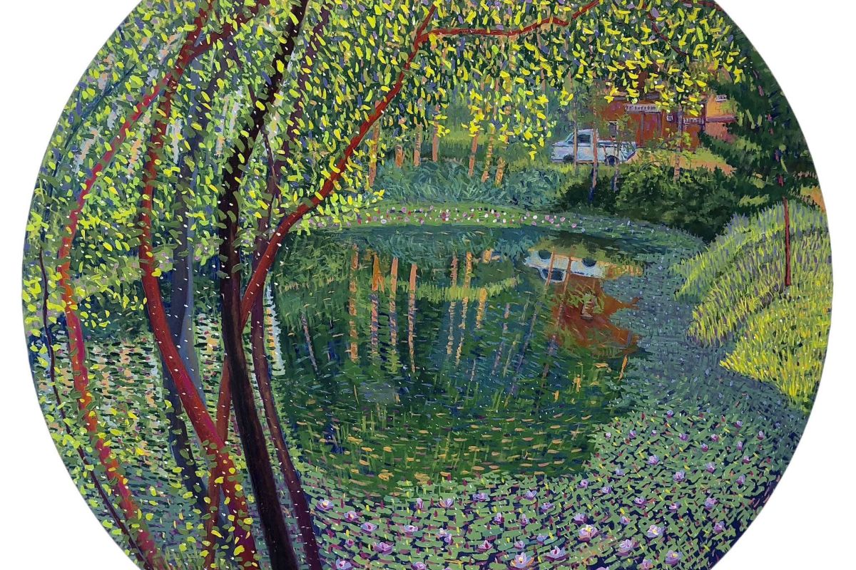 Painting of tree by pond