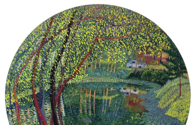 Painting of tree by pond