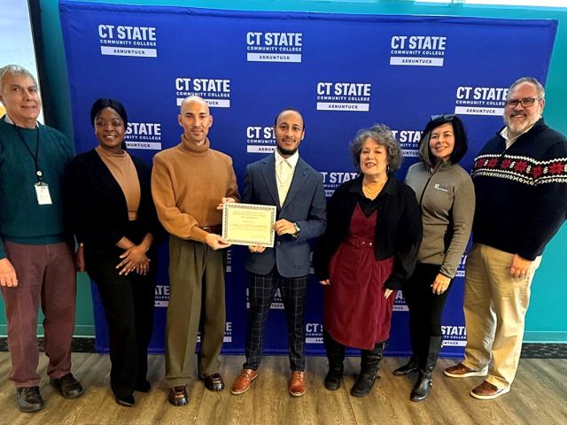 CT State Asnuntuck presented student Michael Morales with the McLaughlin Fellow in Leadership Award.